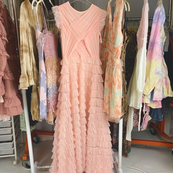 📌 L’ATISTE Chiffon Maxi Dress Multi-Tiered Pleated Ruffles Stretchy Bodice Lined - Picture 6 of 16